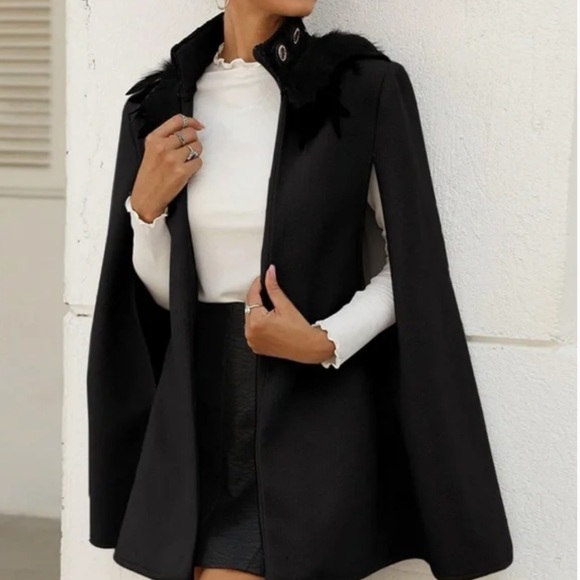 Classic gray Open Front Feather Trim Cape Jacket - Picture 4 of 11